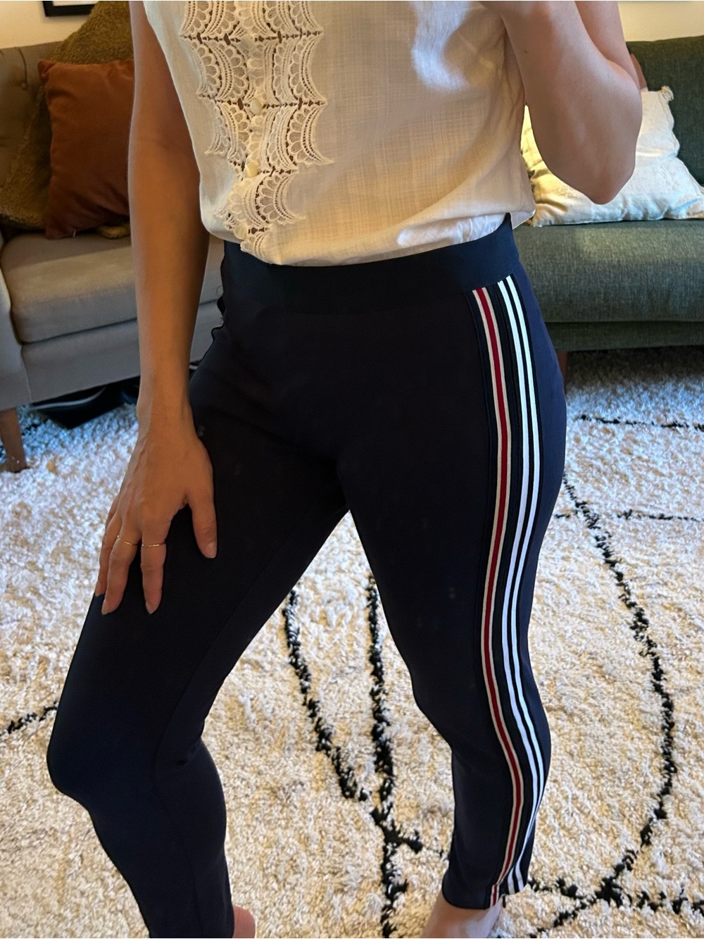 BCBGMaxAzria Navy Leggings with Red, White & Blue Side Stripes